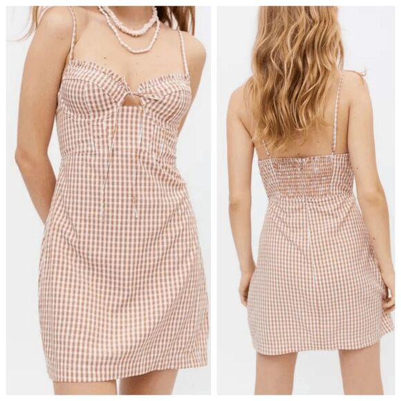 Urban Outfitters Dress Womens Size Large Brown Plaid Spaghetti Strap Mini - Picture 1 of 9